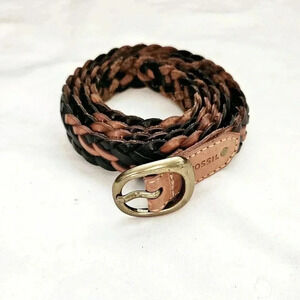 Fossil  100% Leather Dark & Brown Mohagany Braided Belt Brass Hardware 5 …